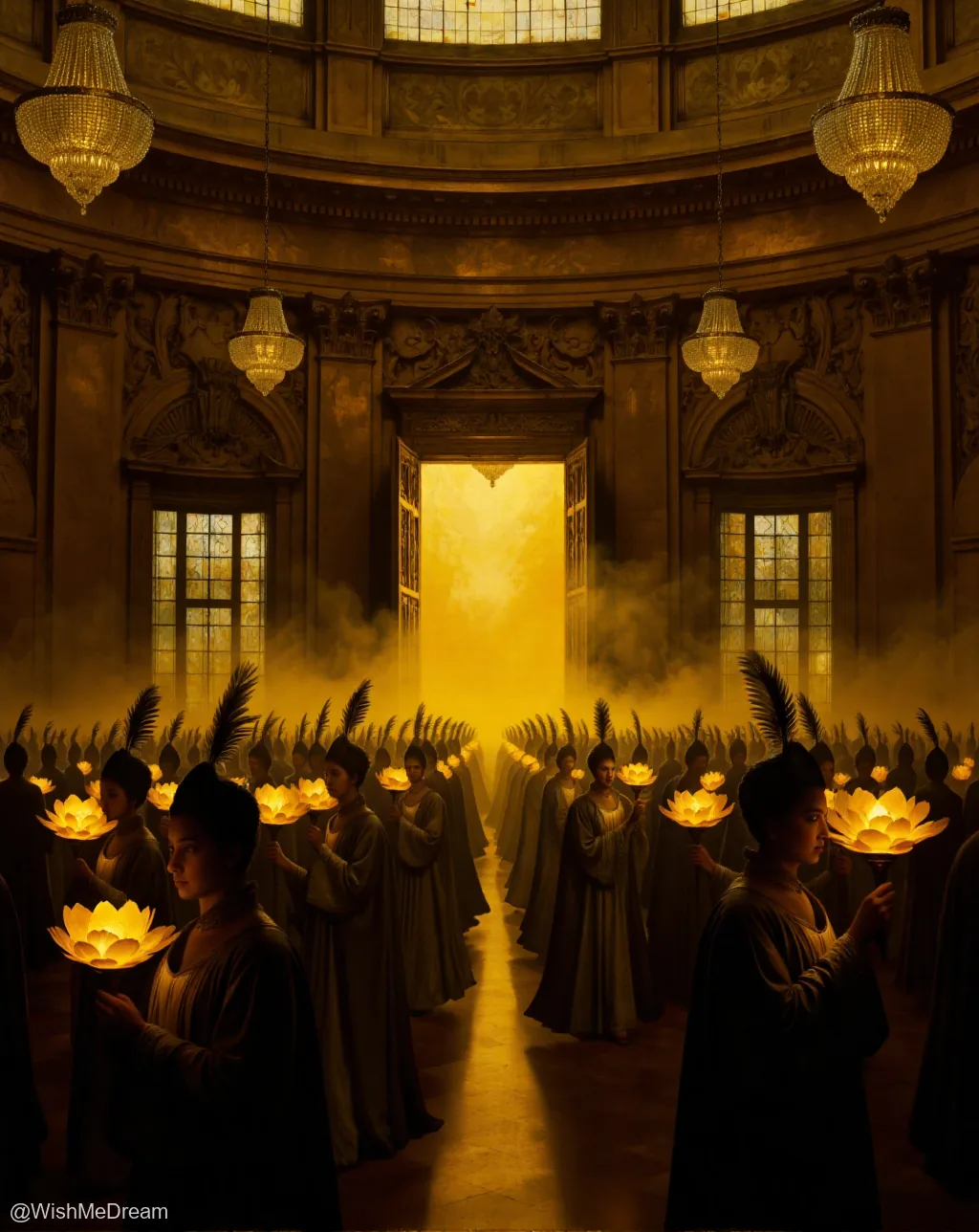 A grand, opulent hall filled with figures in flowing robes holding glowing lotus lanterns, standing in solemn rows before a radiant golden doorway. Ornate chandeliers hang from an intricately carved ceiling as mist swirls around the luminous path.