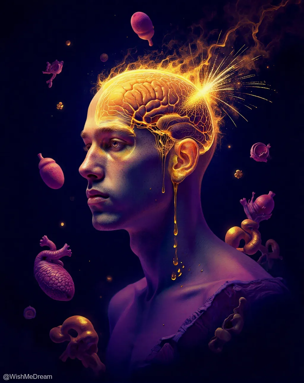 A man’s head is split open, revealing a glowing brain that erupts with golden sparks while viscous liquid drips from his ear. Floating around him are surreal anatomical organs rendered in vibrant purple and gold against a dark void.