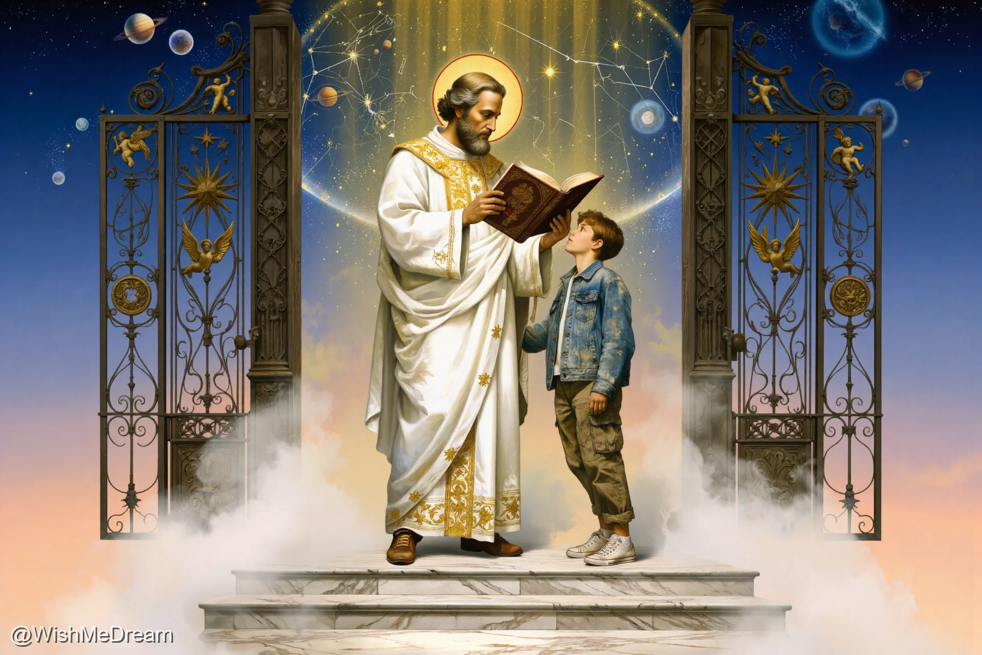 A bearded priest in ornate robes stands on celestial steps, reading from an ancient book to a young boy in modern clothes. Behind them, ornate gates are flanked by cherubs and stars, while planets float through the sky like confetti.