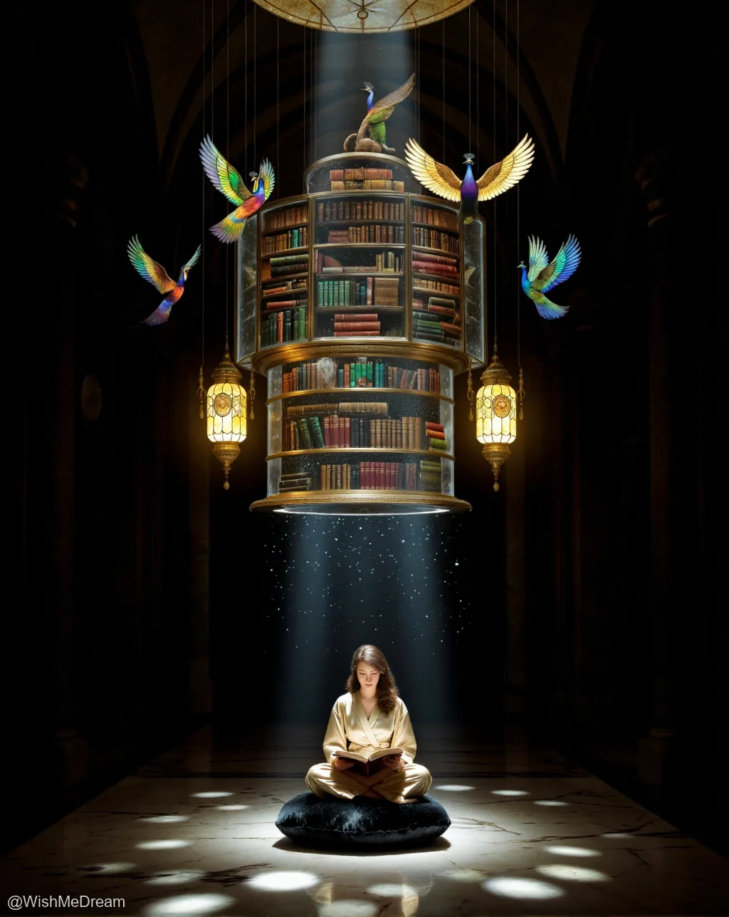 A woman in golden robes sits cross-legged beneath a suspended, multi-tiered library filled with books, as vibrant peacocks flutter around it under beams of celestial light.