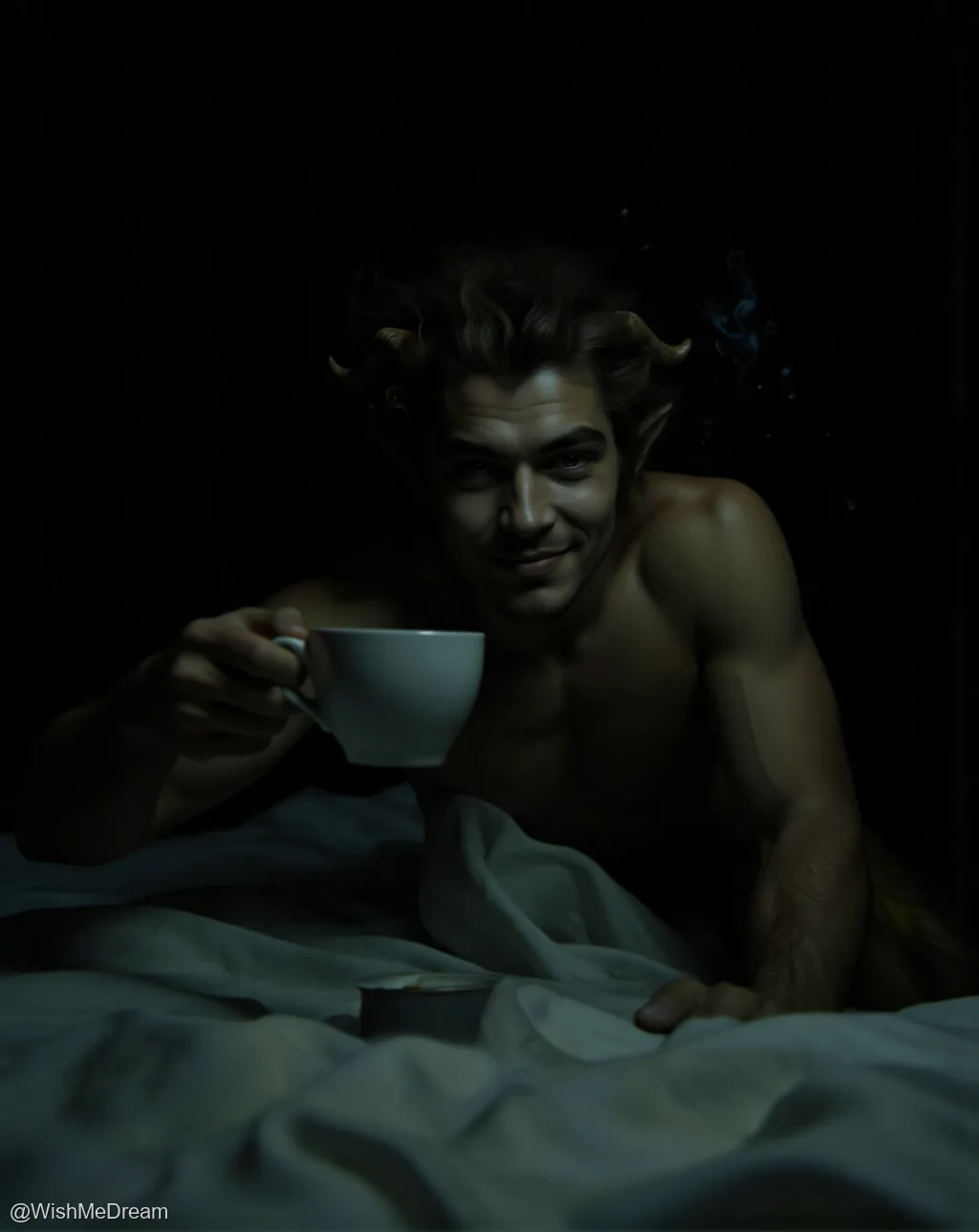 A shirtless, horned man with pointed ears lounges in bed under dramatic lighting, holding a teacup while gazing directly at the viewer with a knowing smile. A faint blue smoke drifts from his head, adding to the surreal atmosphere.