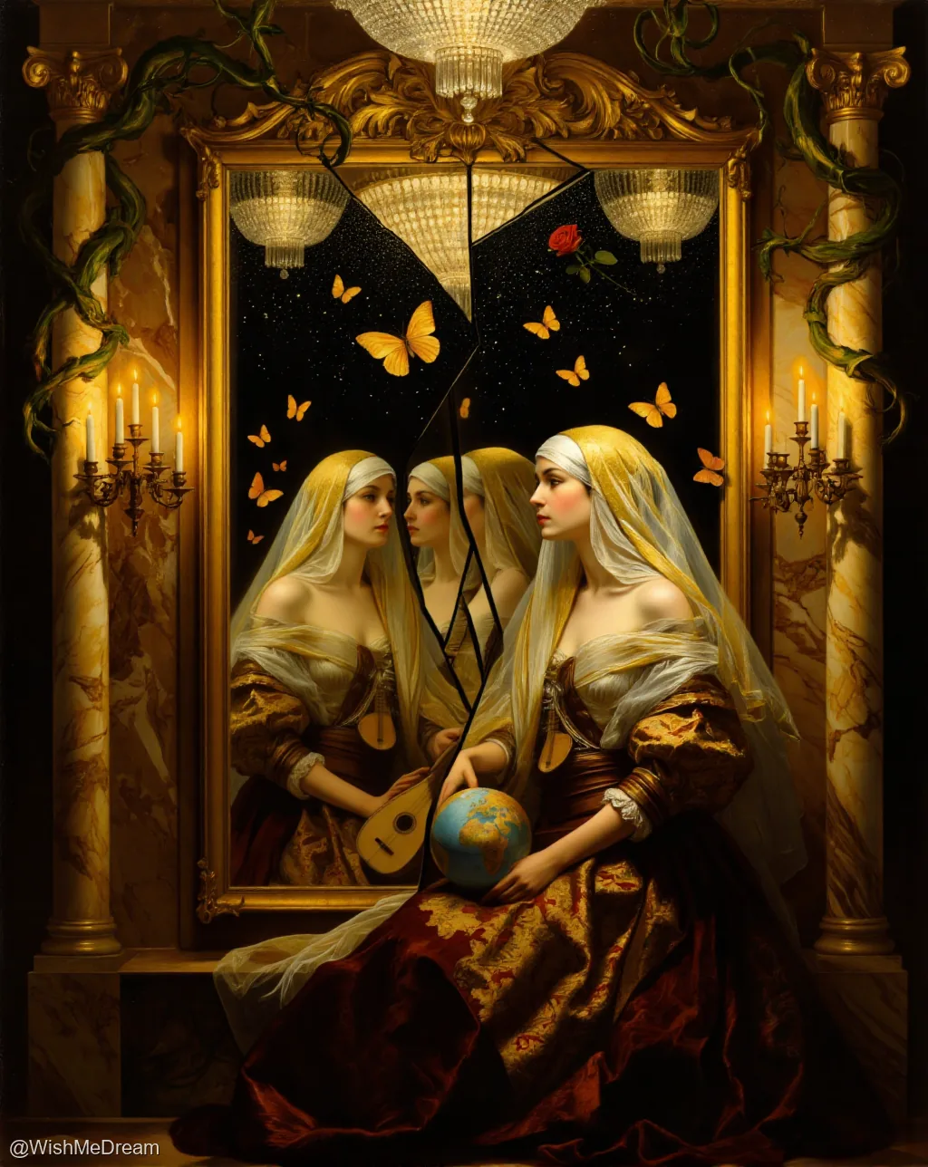 A woman in ornate period attire sits before a fractured mirror, holding a globe while her multiple reflections gaze back amidst floating butterflies and a single rose against a starry void.