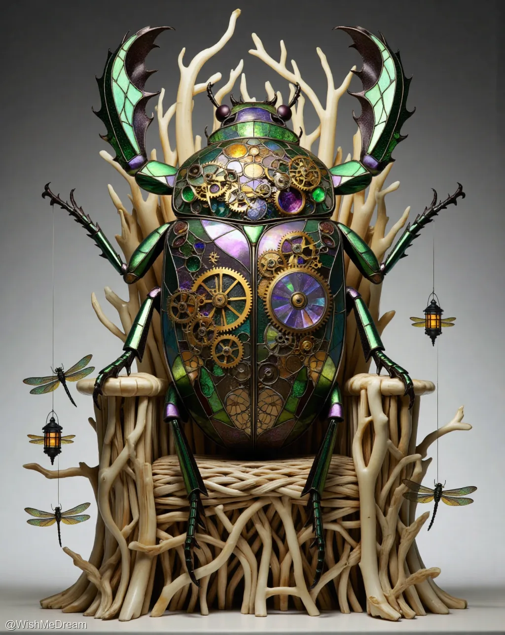 A fantastical, stained-glass beetle with exposed gears and jewel-toned wings sits regally upon a throne woven from tree roots, flanked by hanging dragonflies and lanterns.