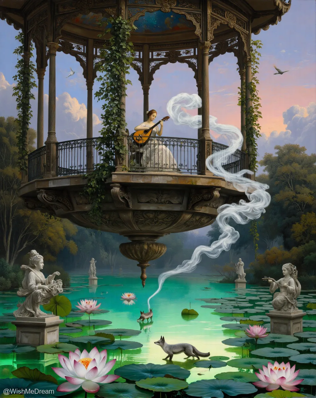 A woman plays a lute from an ornate, suspended gazebo above a glowing pond of lotus flowers, with ghostly smoke trailing down to foxes below. Statues flank the water, and vines creep up the structure like it's trying to escape gravity.