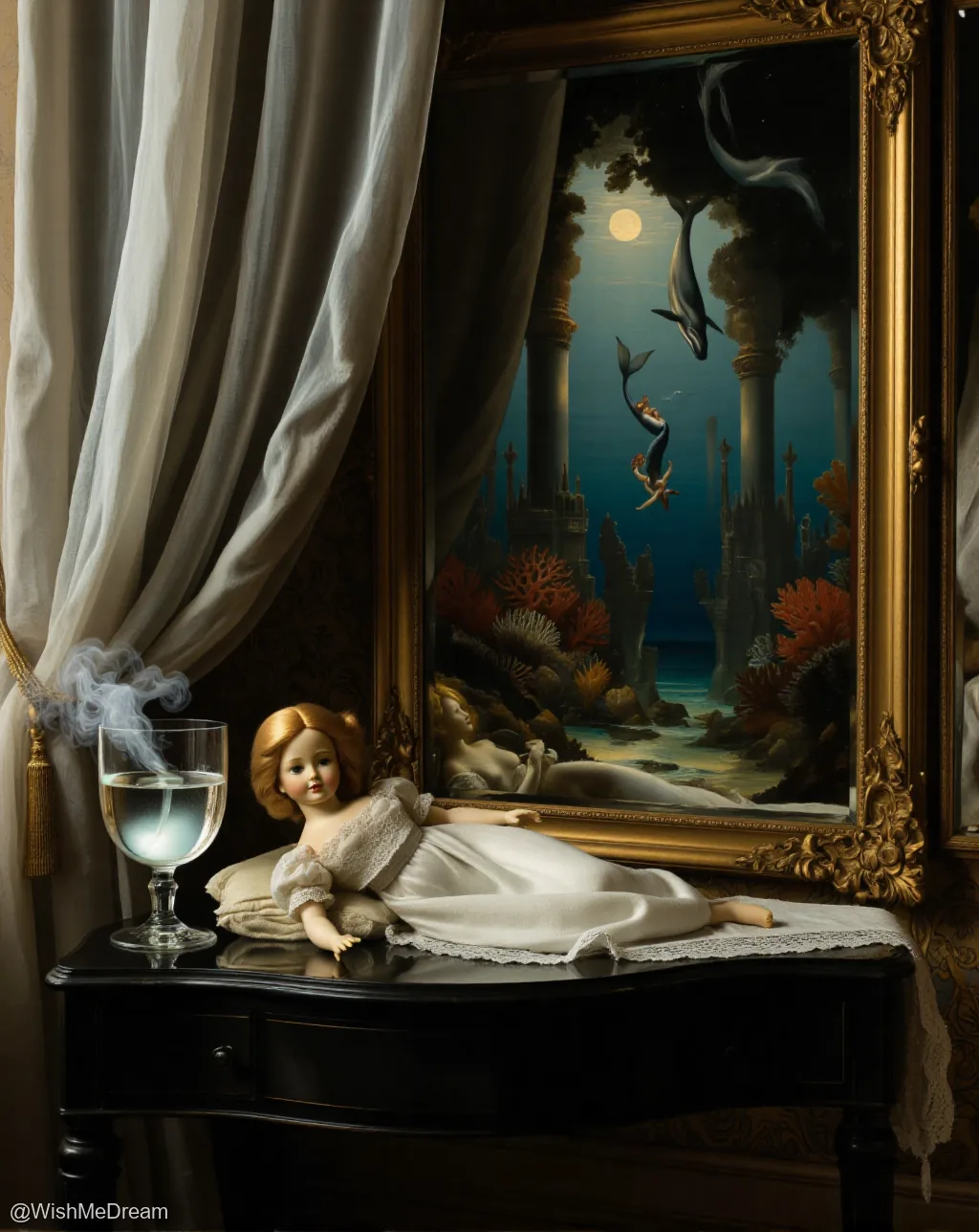 A porcelain doll in a white gown lies on a dark table beside a glass of swirling water, gazing at a grand painting that depicts a surreal underwater realm with dolphins, mermaids, and ruins under a full moon.