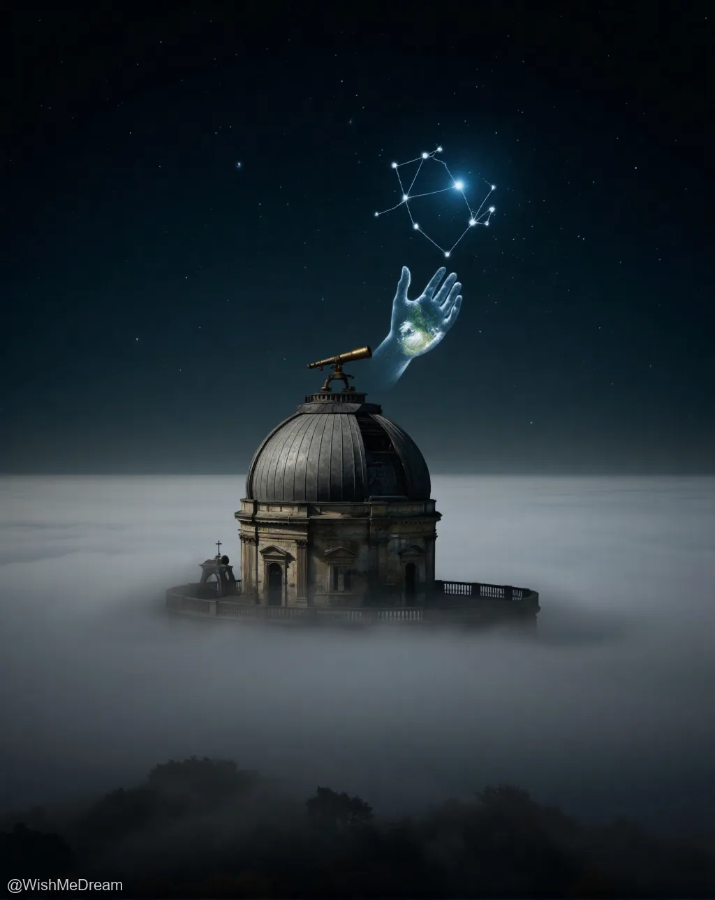 A classical observatory floats atop a sea of clouds, its dome crowned by a translucent hand holding a glowing constellation. A telescope peers from the roof as stars shimmer in the dark night sky.
