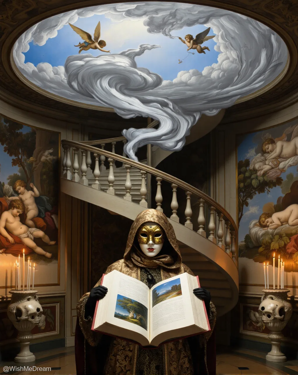 A masked figure in ornate robes stands at the base of a grand spiral staircase, reading an open book whose pages depict pastoral scenes. Above them, a swirling cloud formation acts as a ceiling fresco, populated by cherubs and billowing smoke that seems to emerge from the book itself.