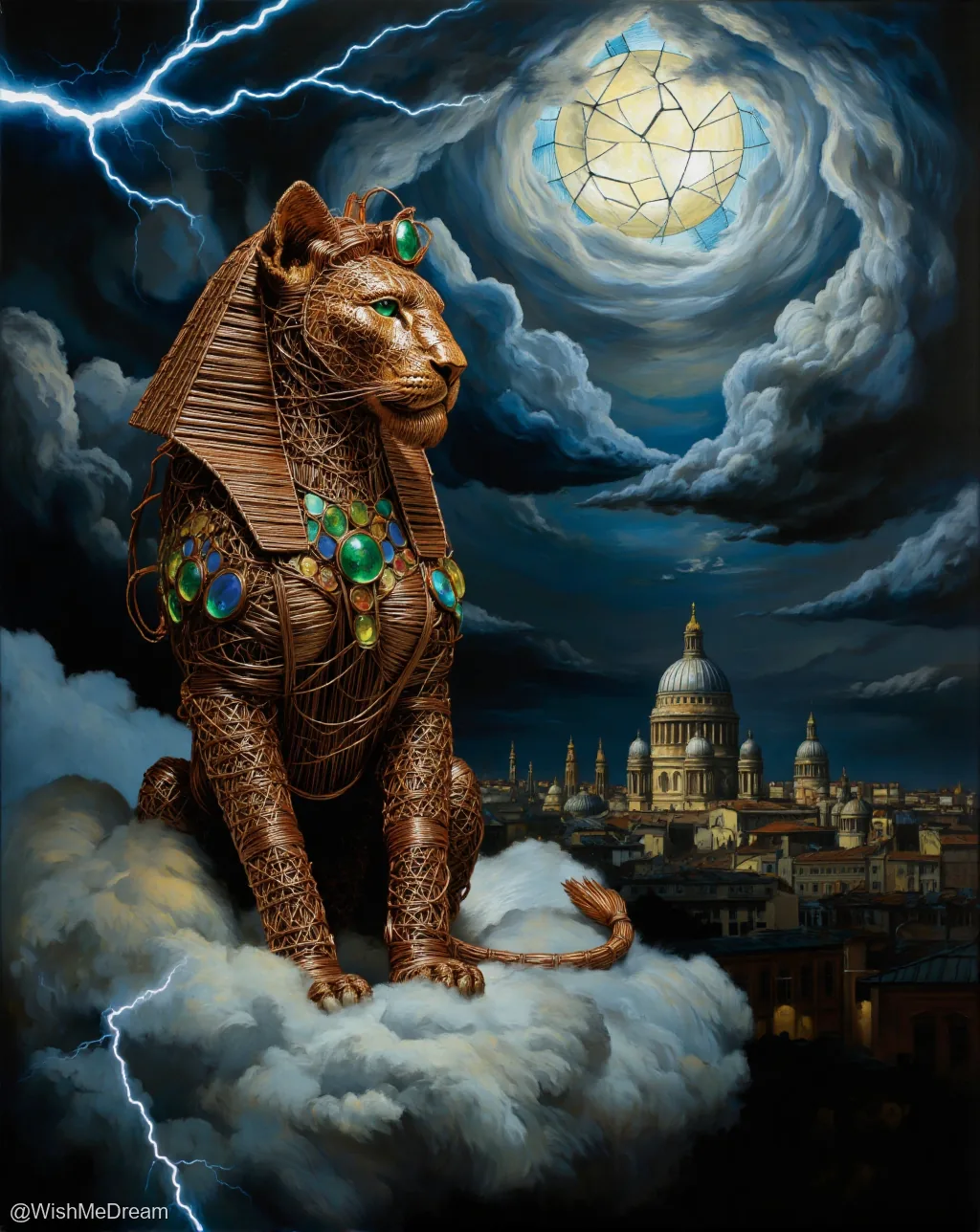 A wicker sphinx adorned with jewels sits atop a cloud over St. Paul's Cathedral, beneath a cracked moon and lightning-streaked sky.