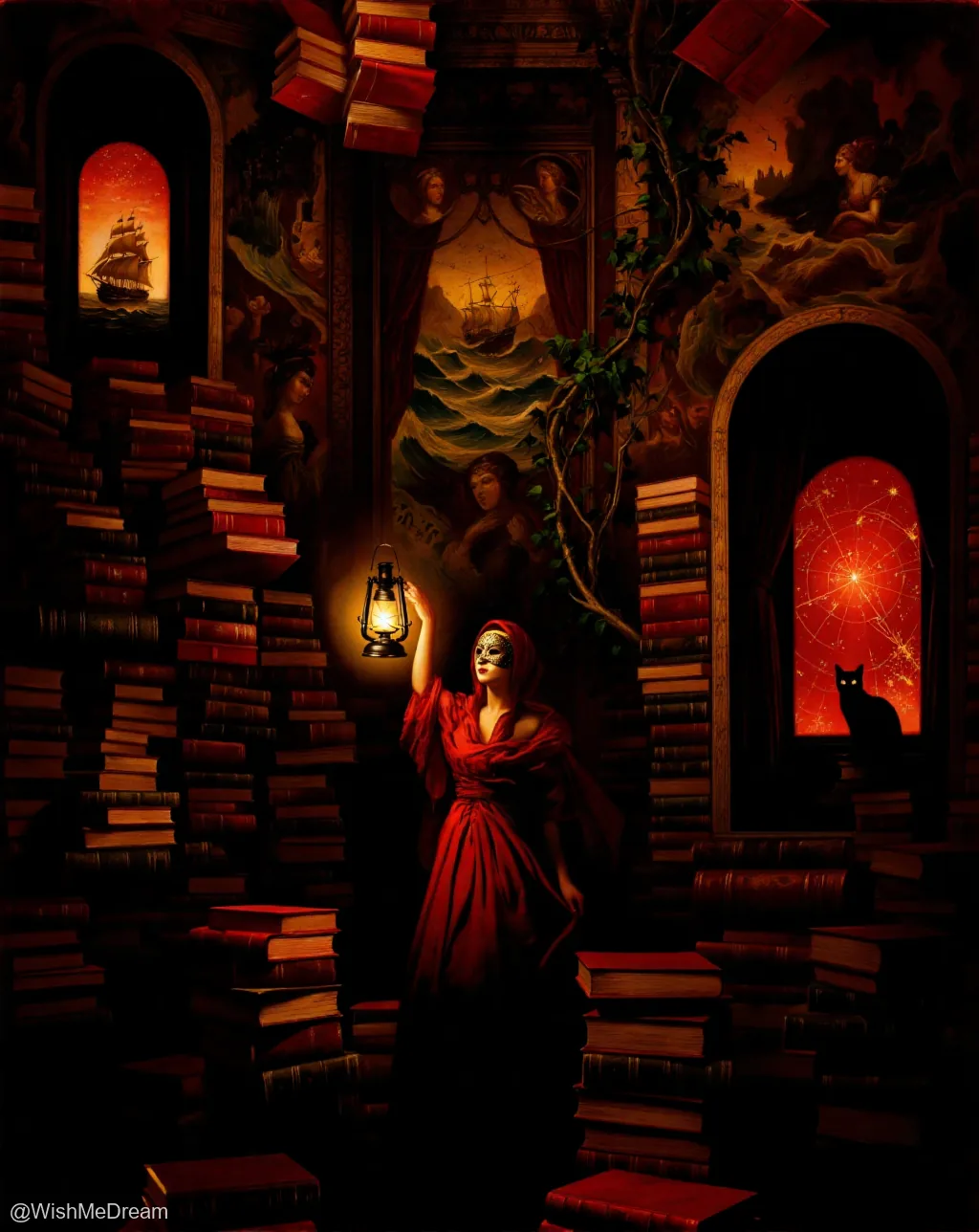 A masked woman in a crimson gown stands amidst towering stacks of books, holding a lantern as if navigating a library that has become an interdimensional portal. Arched windows reveal surreal scenes: a ship sailing through stormy seas, a cat staring at a star map, and floating books drifting like debris.