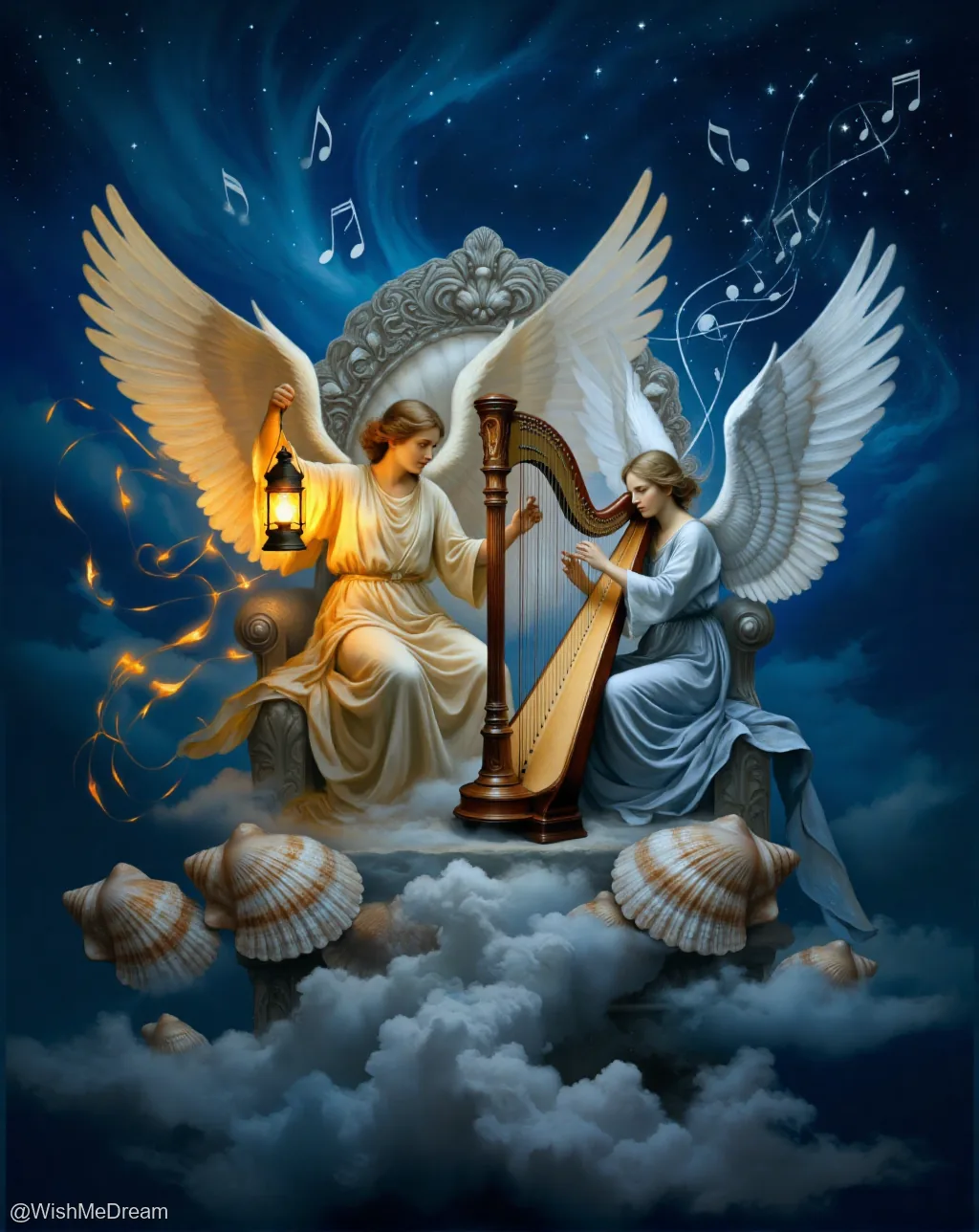 Two angelic figures with large white wings sit on ornate thrones made of clouds and seashells. One plays a harp while the other holds a glowing lantern, surrounded by floating musical notes against a starry night sky.