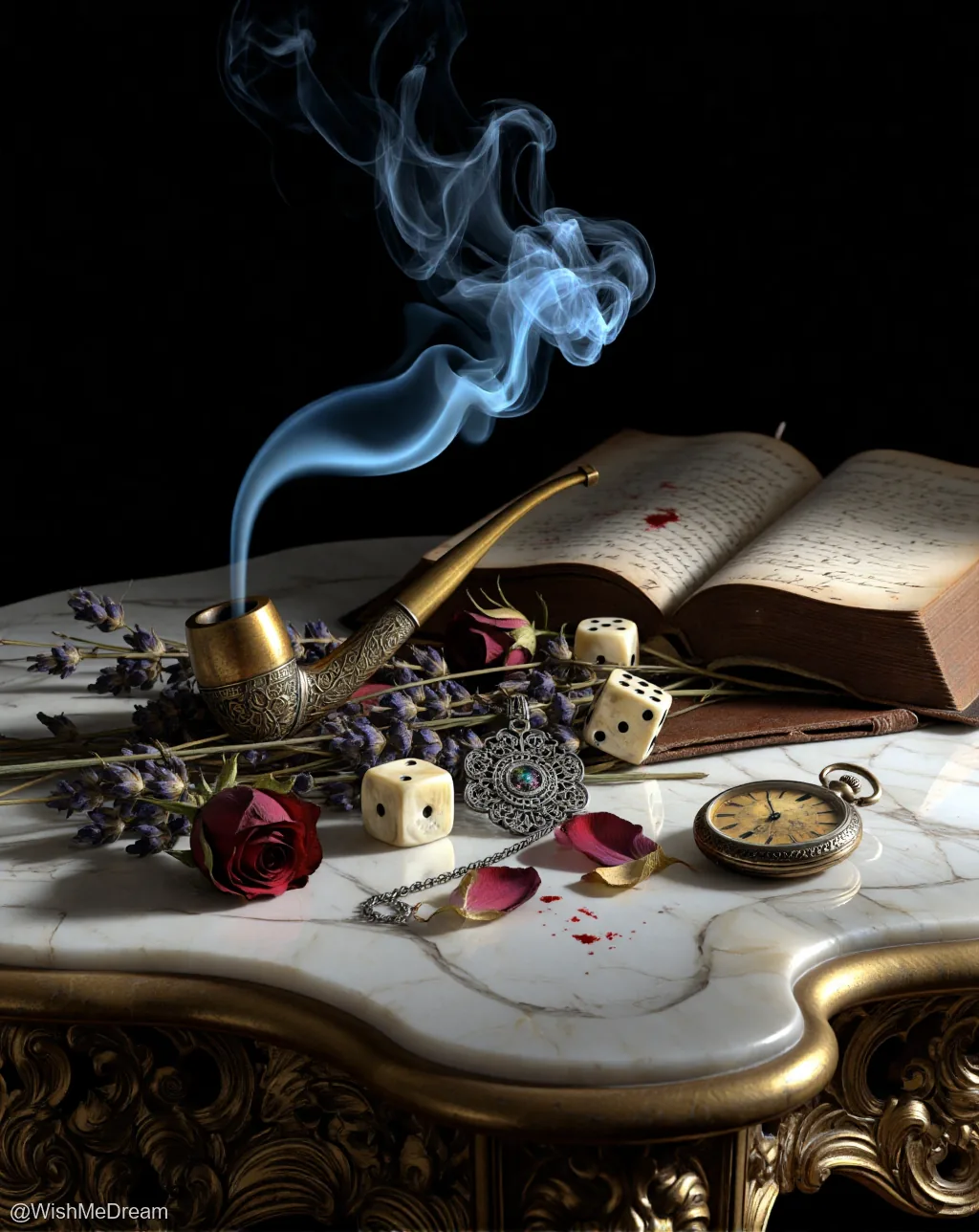 A baroque still life of a smoking pipe, open book with bloodstains, gambling dice, and ornate jewelry arranged on an opulent marble table, suggesting a doomed gambler's final moments.