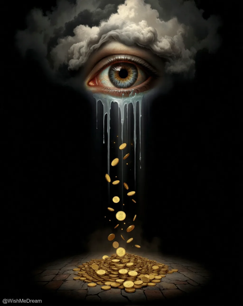 A colossal, realistic eye embedded within a storm cloud weeps icy tears that transform into falling gold coins, accumulating on a cracked stone floor below.