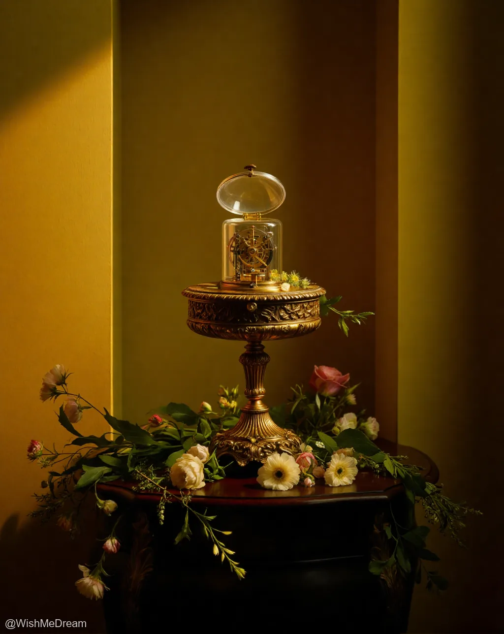 An ornate, golden clockwork device sits atop a pedestal surrounded by lush, decaying flowers in a warmly lit, shadowed room — blending mechanical precision with organic decay.