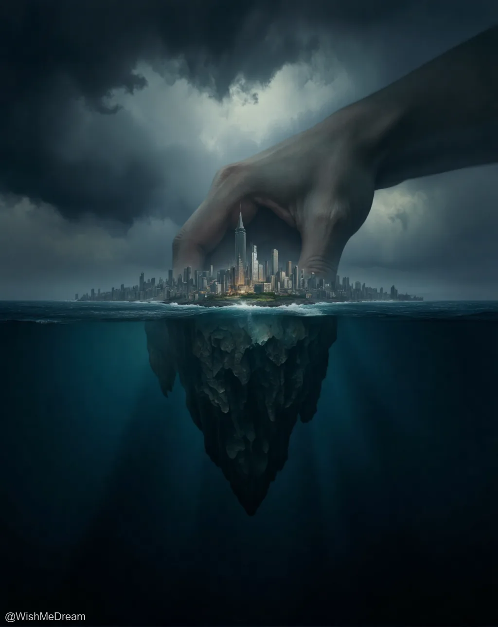 A colossal human hand cradles a city skyline above turbulent waters, while its inverted reflection reveals jagged rock formations beneath. Dark storm clouds loom overhead as if nature itself is holding its breath.