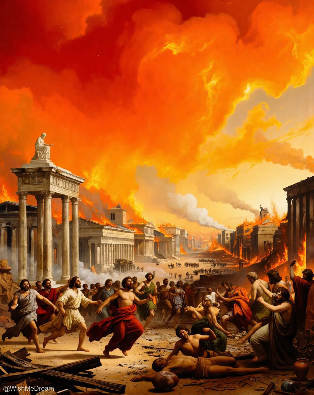 A chaotic scene of ancient Romans fleeing as their city burns under an apocalyptic, fire-filled sky. Classical architecture is collapsing and people are running or lying dead on the ground in a surreal depiction of urban destruction.