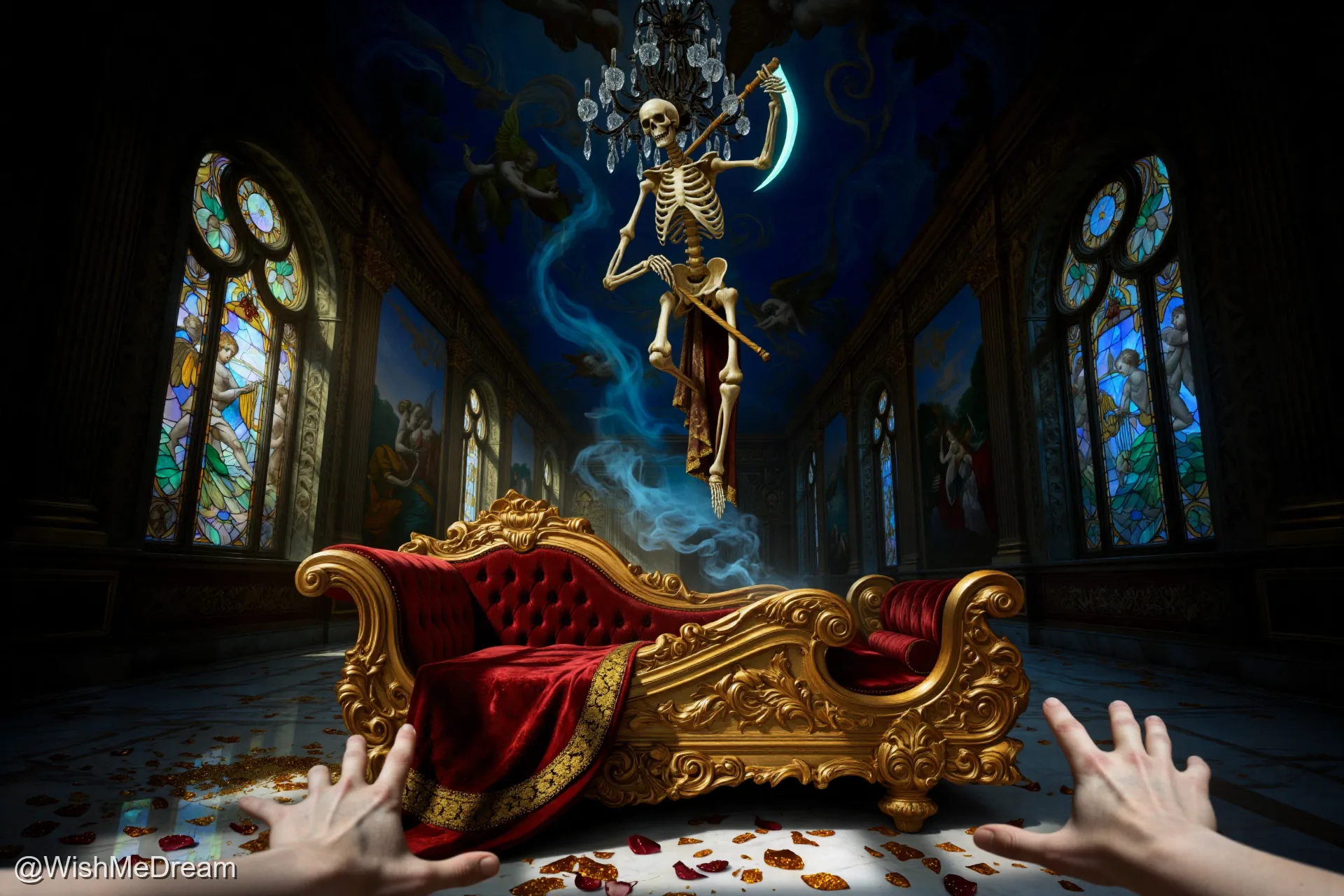 A floating skeleton, wielding a glowing scythe and draped in velvet, hovers above an ornate red couch in a gilded hall. Below, two hands reach upward from the floor littered with broken glass and rose petals.
