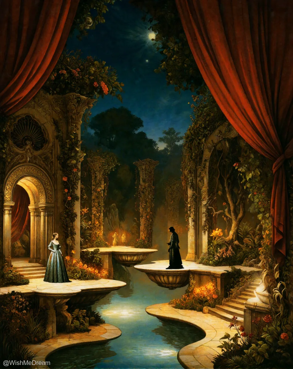 Two figures in period attire stand on floating stone platforms amidst a moonlit, vine-covered garden, framed by grand red curtains like a theatrical stage. The scene blends opulent baroque architecture with surreal, dreamlike elements.