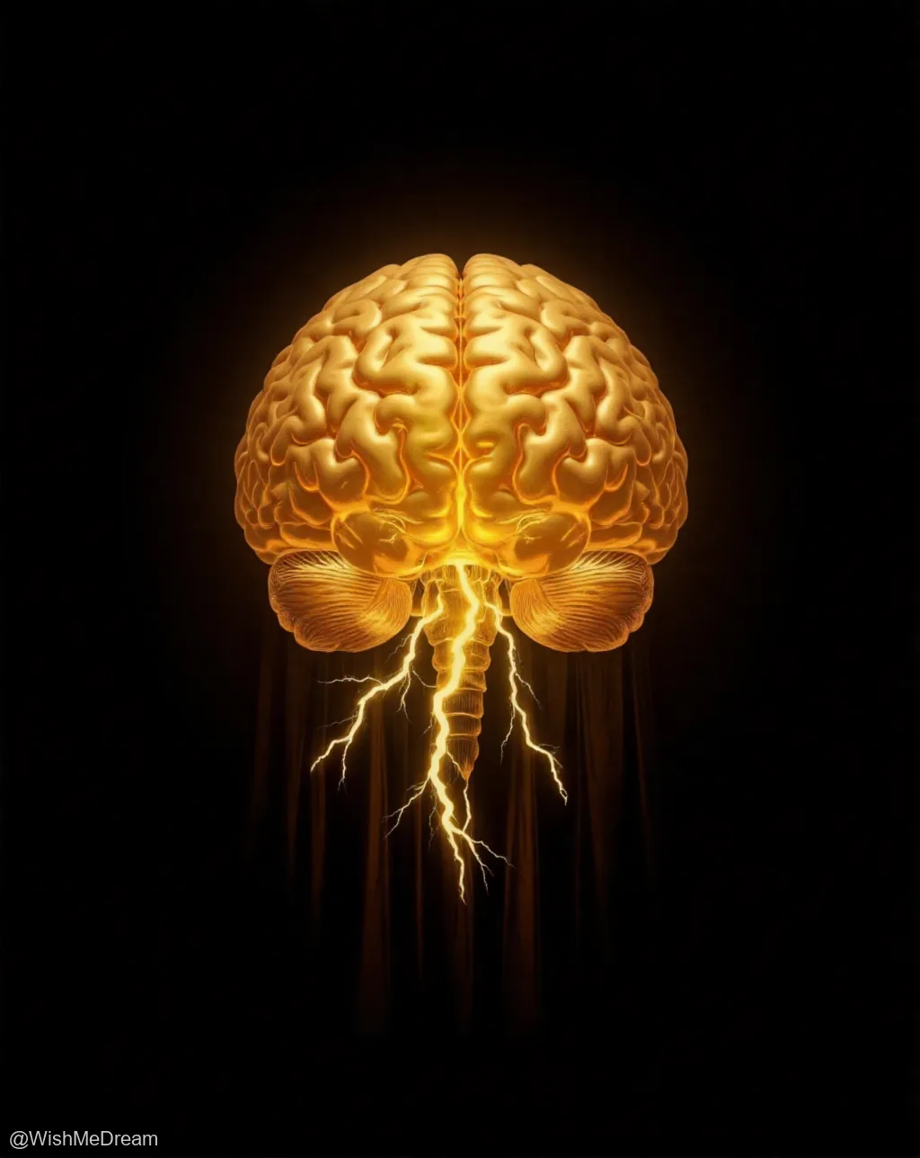 A glowing, golden brain suspended against darkness, emitting vivid lightning bolts from its base like a celestial storm.