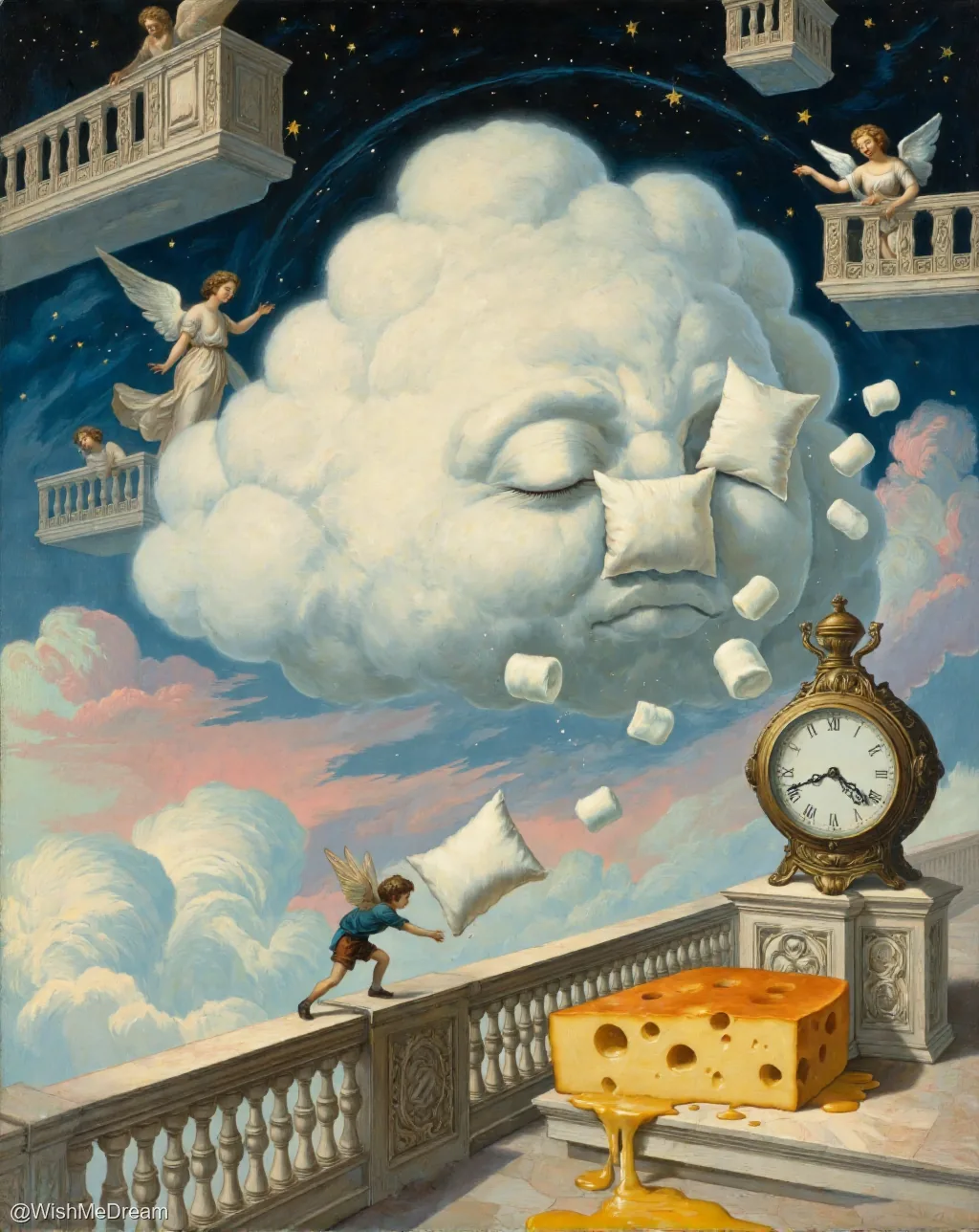 A colossal, sleeping cloud with pillow-nose and marshmallow eyes floats amidst floating balconies where angels watch. A winged child tosses a pillow while a melting block of cheese drips beside an ornate clock.