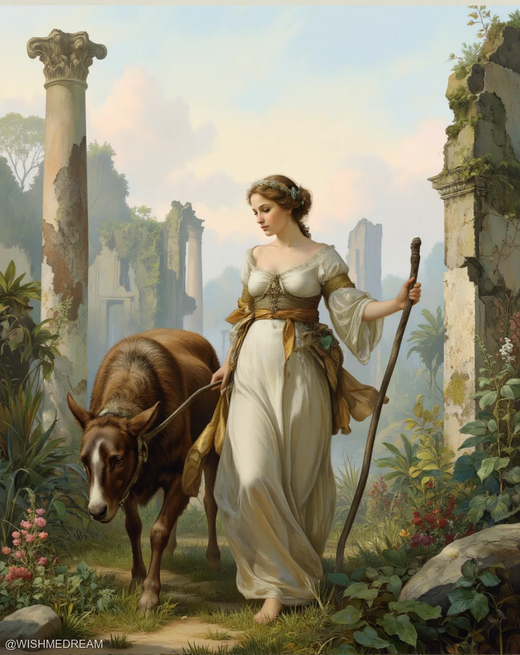 A serene woman in classical robes walks through ancient ruins with a donkey, holding a staff while surrounded by overgrown vegetation and crumbling columns under soft sunlight.