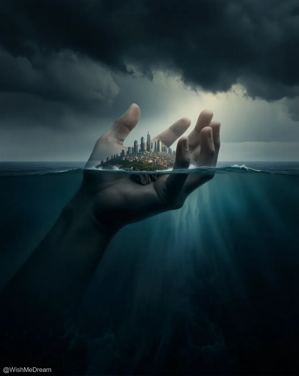 A human hand emerges from dark ocean waters, cradling a miniature cityscape that floats above the waves. Storm clouds loom overhead while sunbeams pierce through, illuminating the submerged depths below.