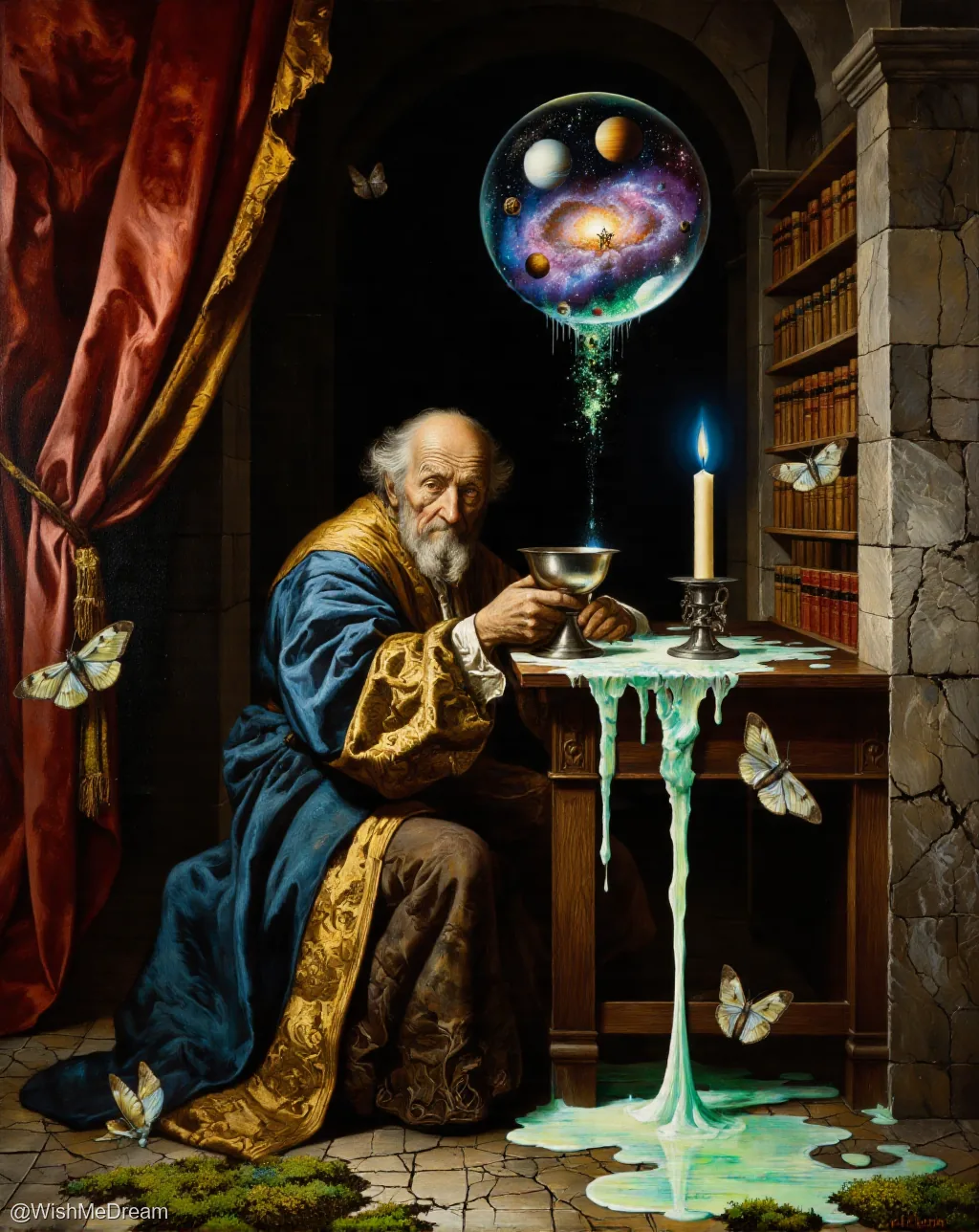 An elderly alchemist in opulent robes sits at a table as a glowing, galaxy-filled sphere drips cosmic liquid onto his goblet. The substance cascades down the table and floor, while butterflies flutter around him in this surreal, baroque-styled scene.