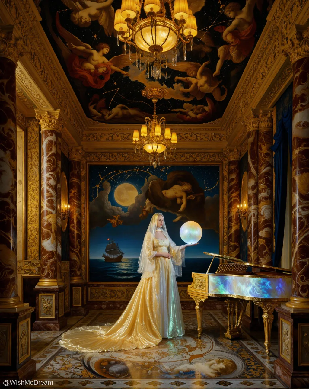 A regal woman in a golden gown stands in an opulent, baroque room, holding a glowing moon while a grand piano emits nebulae. The ceiling is painted with angels and constellations, and a ship sails through the mural behind her.