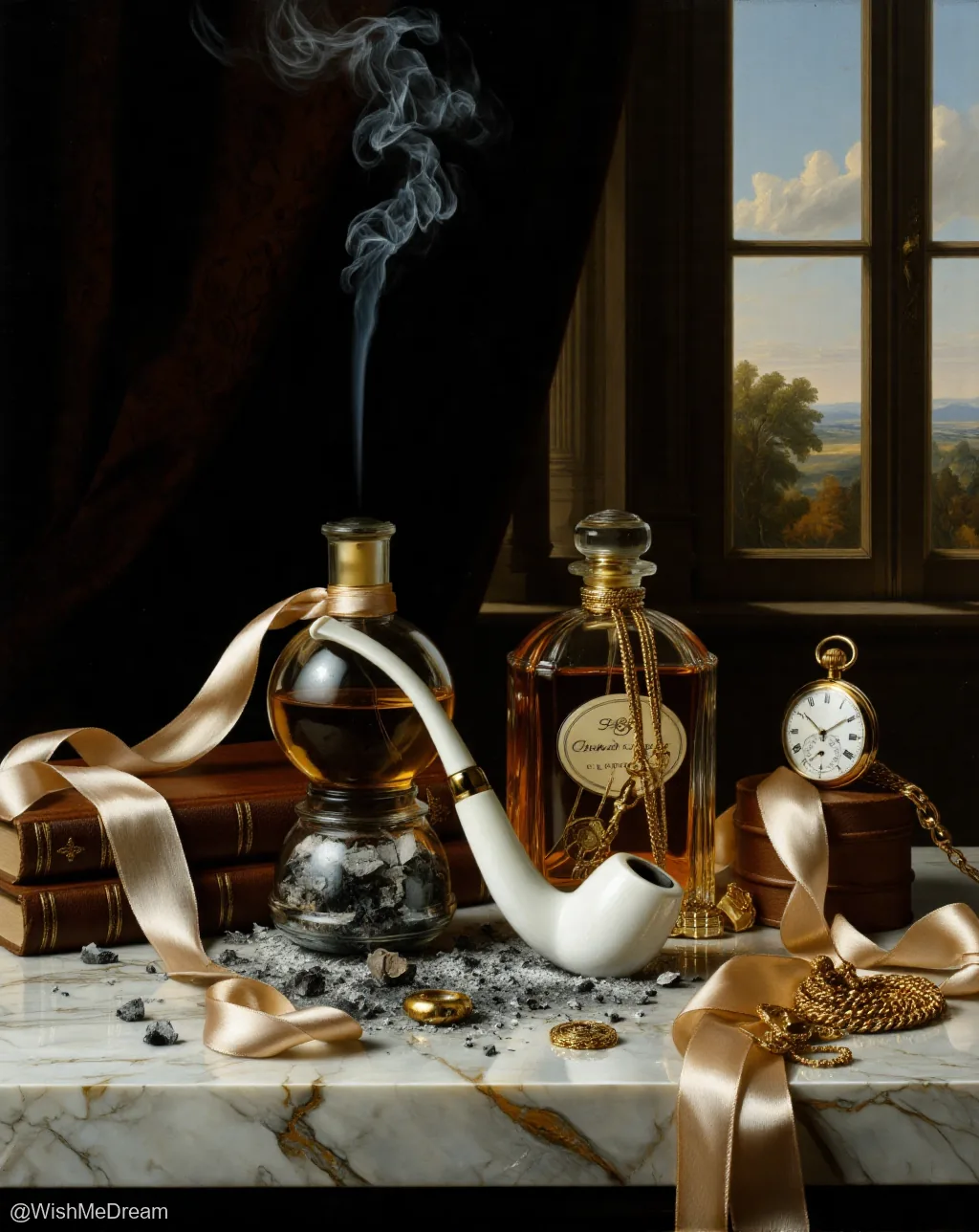 A baroque still life where a smoking pipe emerges from a glass flask, surrounded by ornate bottles, a pocket watch, and scattered gold trinkets on a marble ledge, with a pastoral landscape visible through a window.