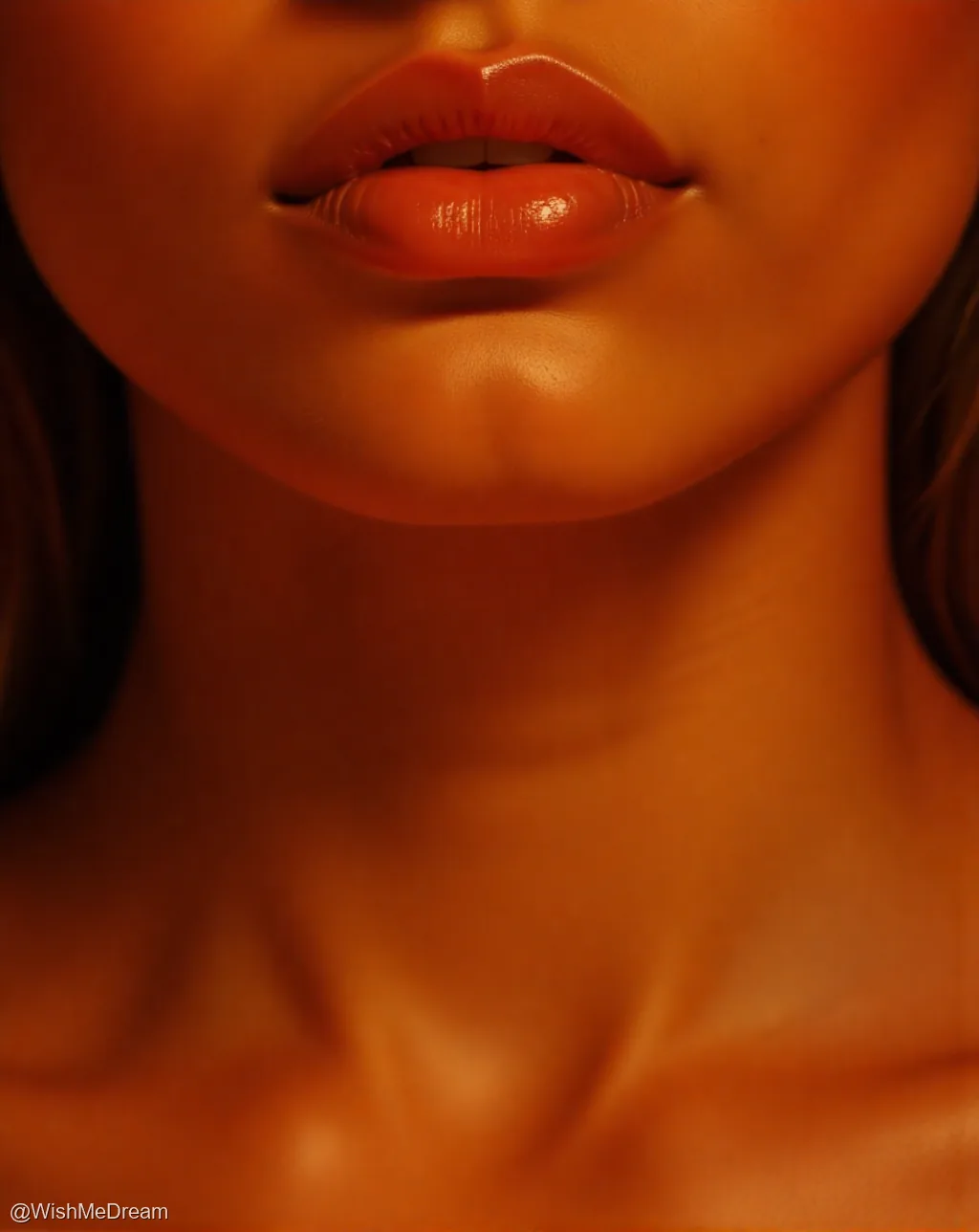 A close-up portrait bathed in warm, golden-orange light highlights a woman's glossy lips and neck, creating an intimate, sensual atmosphere reminiscent of a sunset or incandescent glow.