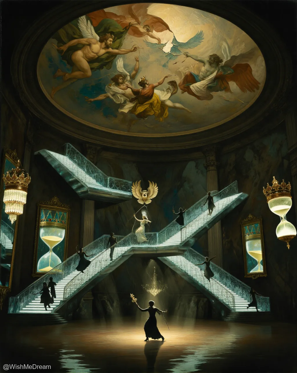 In a cavernous, baroque hall with floating staircases and hourglass chandeliers, figures ascend and descend in eerie silence beneath a ceiling fresco of winged deities. A solitary dancer at the bottom holds a scepter as if conducting time’s disorienting ballet.
