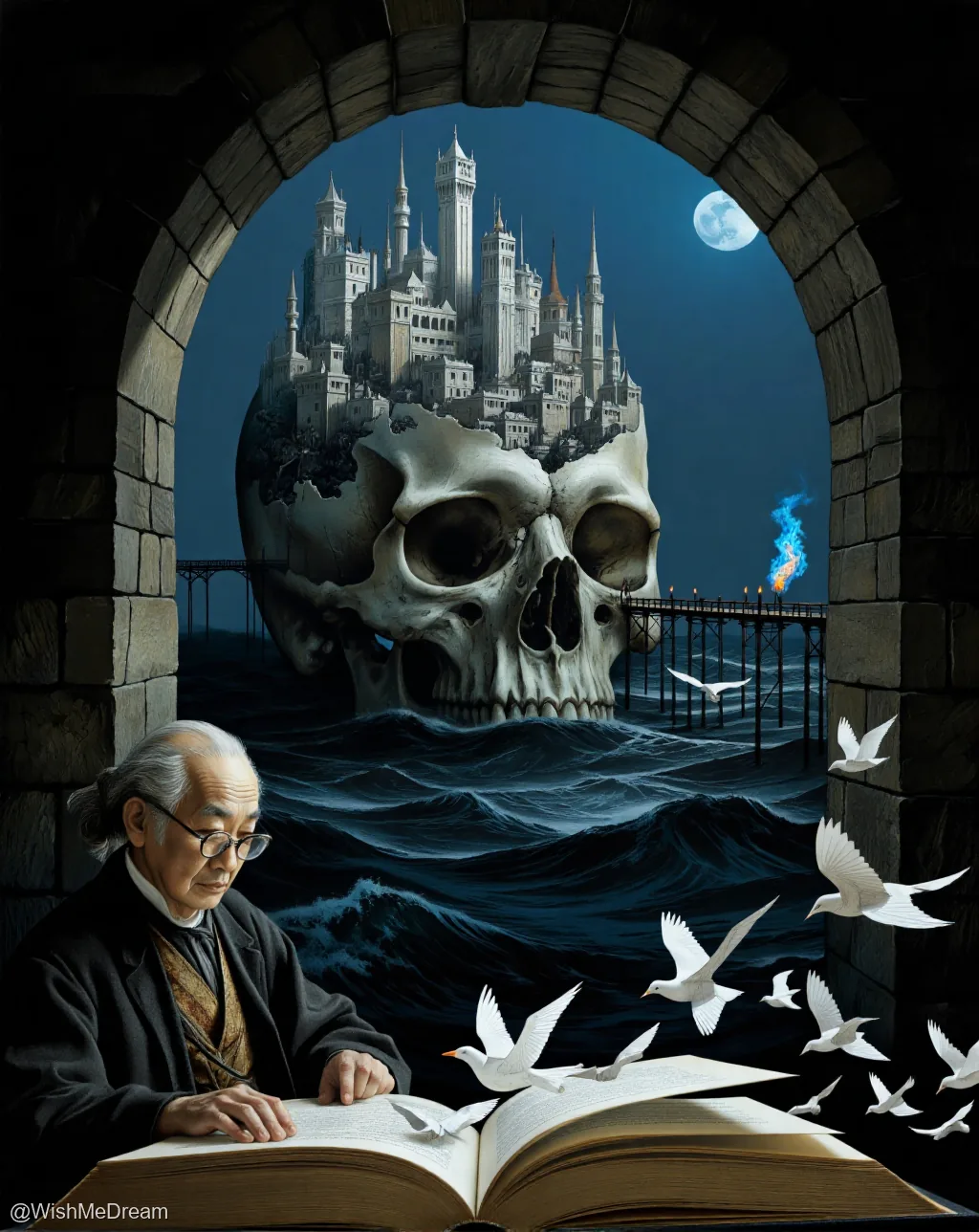 An elderly scholar reads a book as white birds flutter around him, framed by an archway revealing a colossal skull floating in stormy seas, with a gothic castle emerging from its cranium under a moonlit sky.