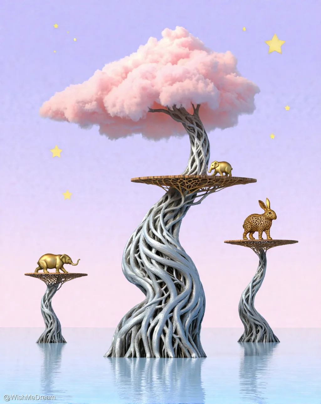 A surreal, baroque-style tree with a pink cloud canopy rises from water, its twisted silver roots supporting golden platforms. Each platform holds an animal — two elephants and one rabbit — all rendered in gleaming gold against a twilight sky dotted with stars.