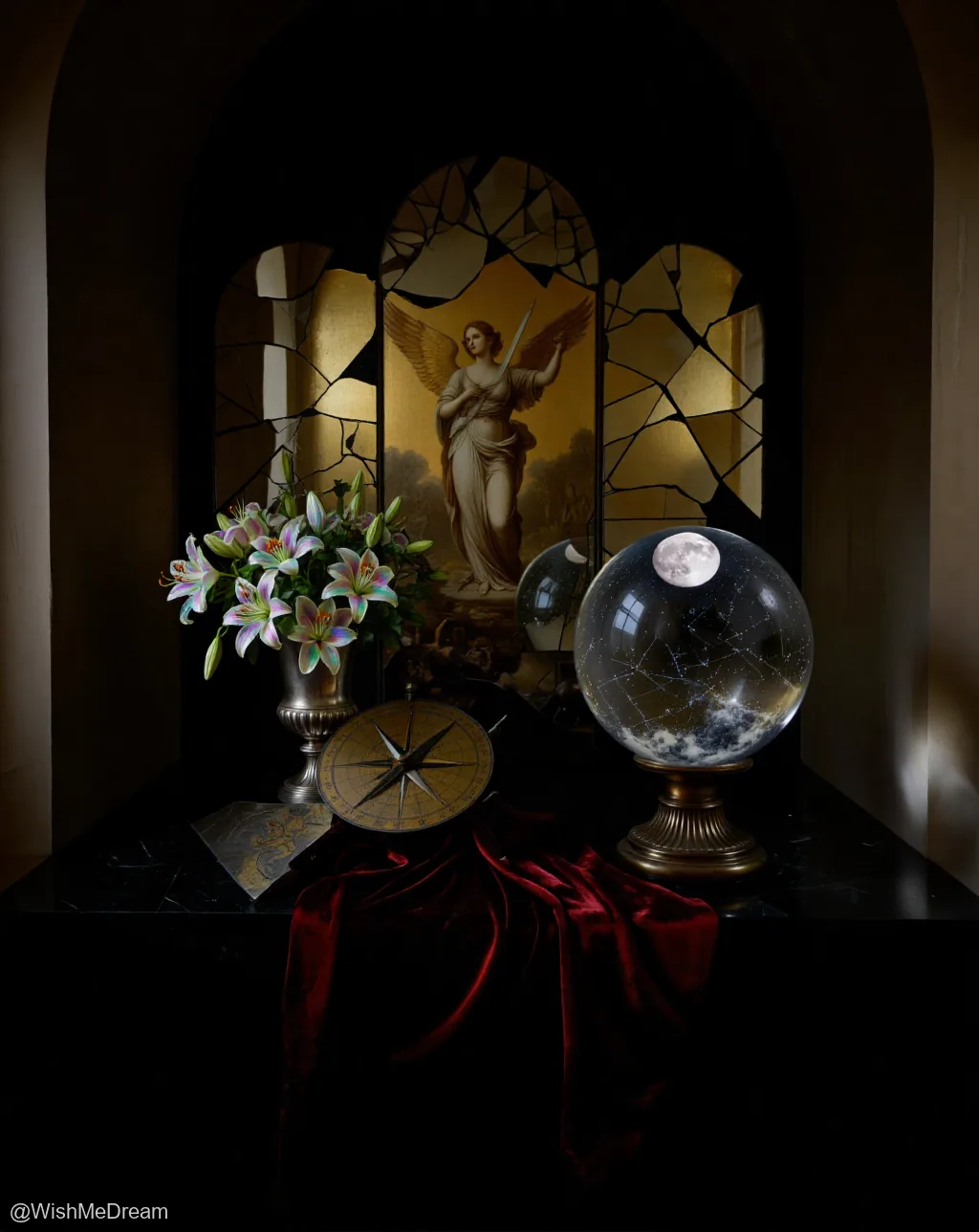A dark, opulent still life features a cracked stained-glass window with an angel, a celestial globe showing the moon, a compass rose, a vase of lilies on velvet, and scattered maps — all arranged as if preparing for a divine navigation session gone wrong.