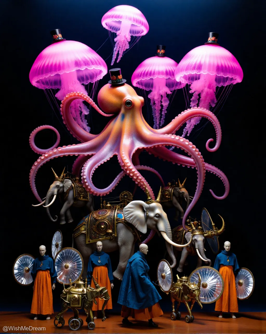A surreal baroque scene featuring a pink octopus wearing a top hat, flanked by elephants adorned with ornate armor. Above them float glowing jellyfish also wearing tiny hats, while humanoid figures in robes and mechanical contraptions complete this bizarre procession.