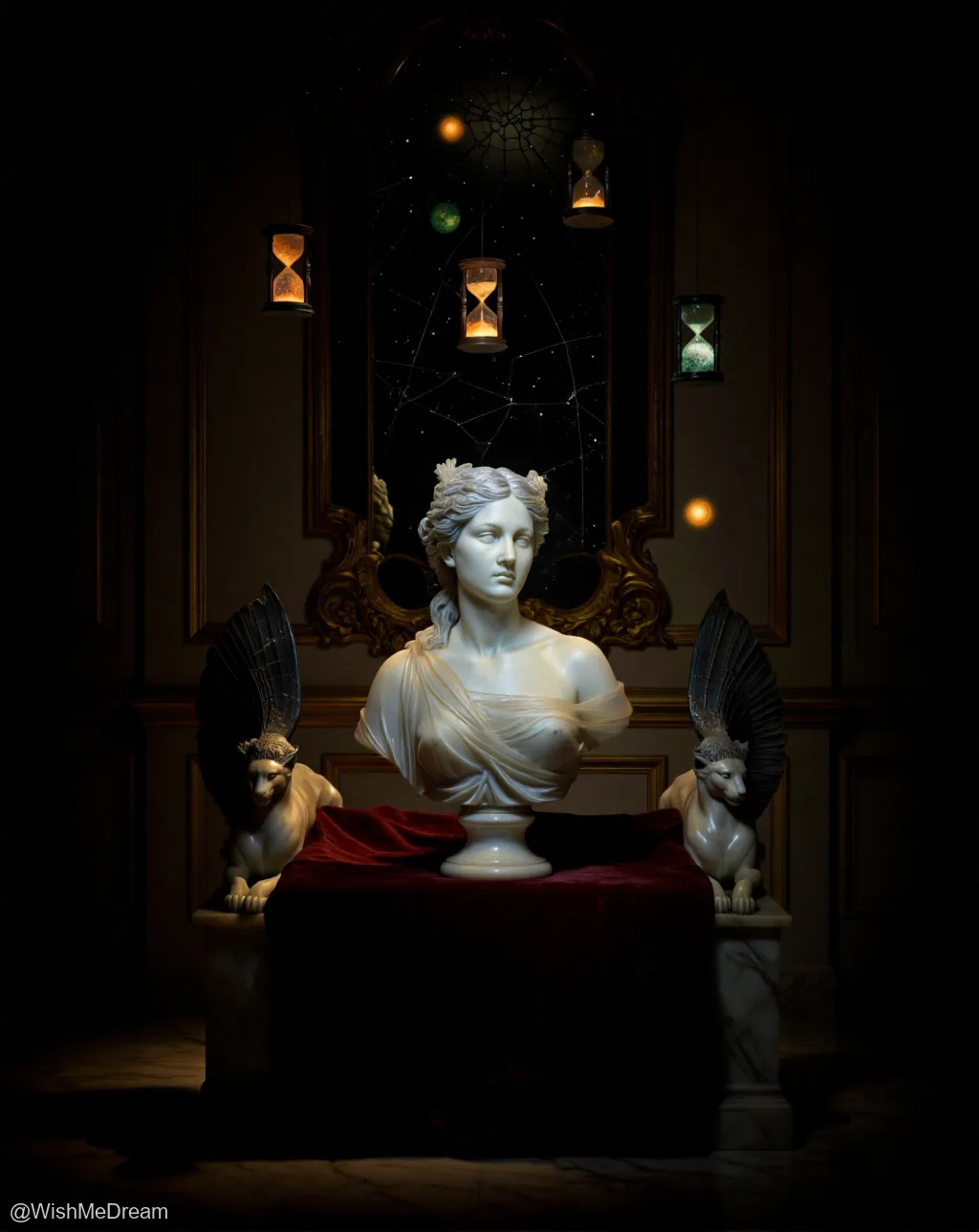 A marble bust of a serene goddess rests atop a velvet dais, flanked by winged sphinxes in a dimly lit baroque hall. Hanging above are glowing hourglasses suspended against a starry web-like backdrop, suggesting cosmic time is either broken or being observed.