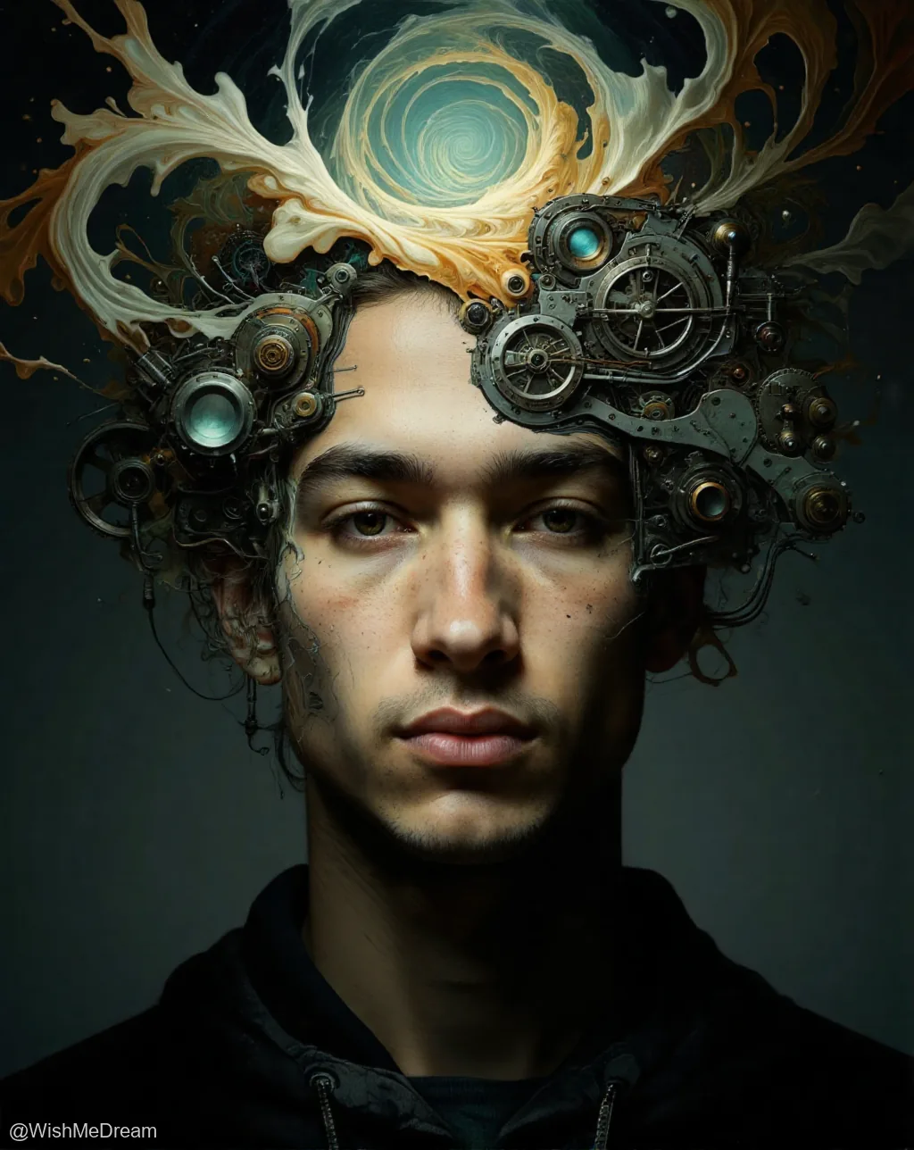 A young man's face is partially replaced by intricate steampunk machinery and swirling, creamy liquid resembling coffee or milk, suggesting a fusion of human thought with mechanical and caffeinated elements.