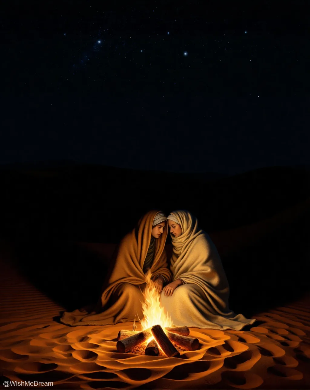 Two figures draped in robes sit close by a campfire under a starry desert night, their faces illuminated by the flames as they appear to share an intimate, quiet moment.