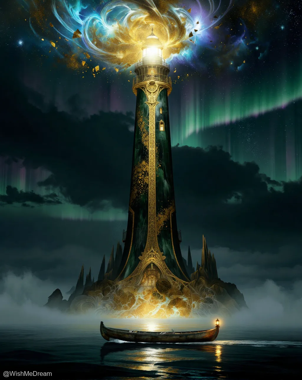 A towering, ornate lighthouse erupts with cosmic energy as auroras swirl around it, illuminating a solitary boat navigating misty waters beneath a starry sky.