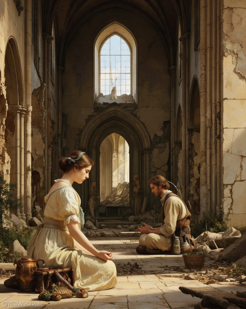 Two figures kneel in prayer inside a crumbling Gothic cathedral, bathed in warm light from a broken stained-glass window. Their humble attire and stillness contrast with the decay around them — rubble, cracked stone, and overgrown vegetation suggest abandonment or ruin.