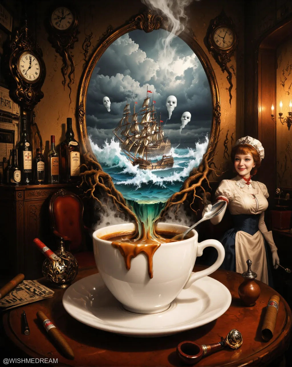 A vintage-style maid stands beside an ornate table where a giant teacup spills liquid that morphs into a stormy sea with ghost ships and skulls. The scene is framed by baroque clocks, cigars, and antique bottles, blending surrealism with Victorian decor.