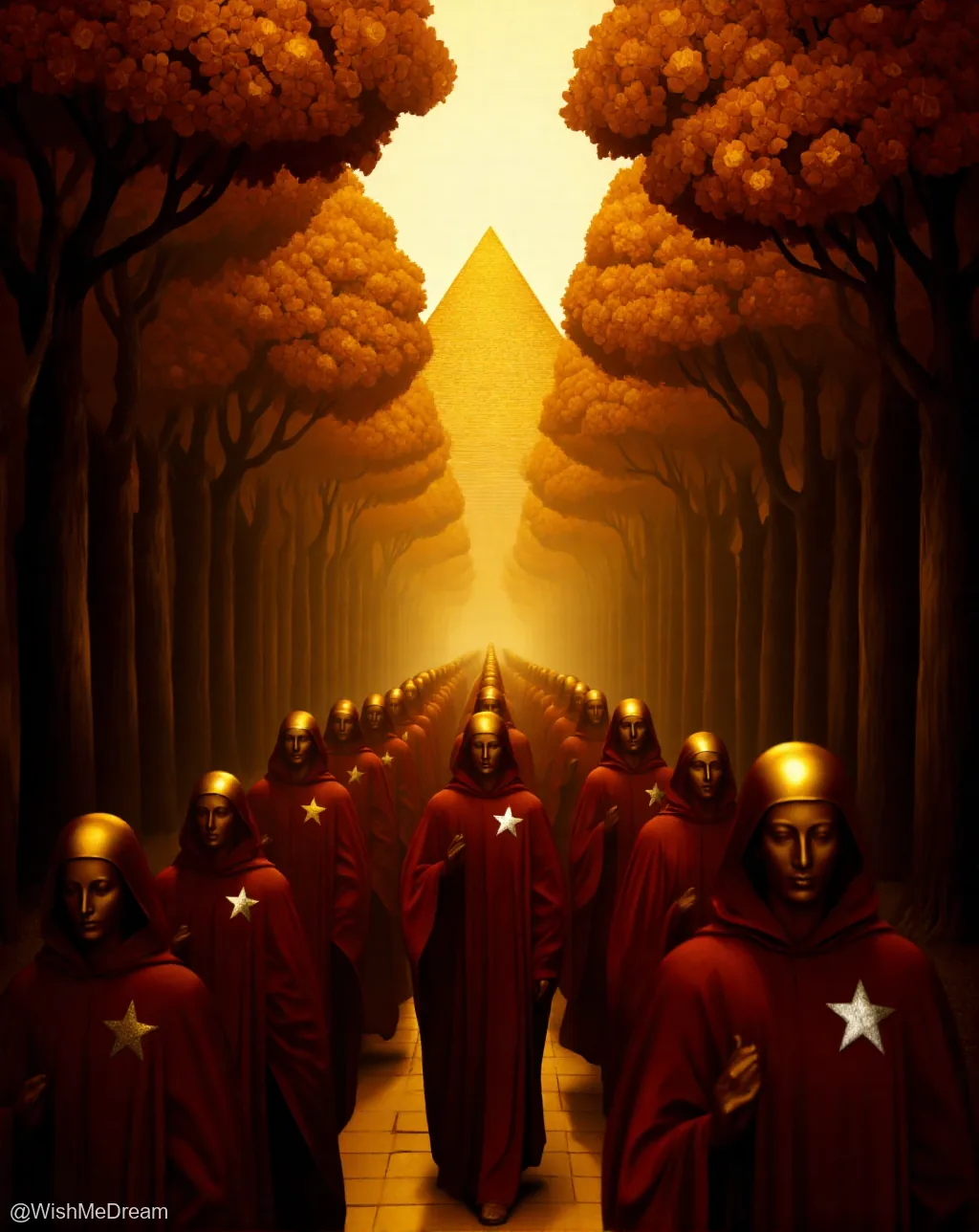 A procession of hooded figures in red robes, each bearing a star-shaped emblem, marches down a sunlit path flanked by trees with glowing orange foliage toward an enormous pyramid. The scene evokes mystery and ritualistic solemnity.