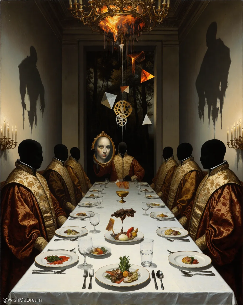 A surreal baroque-style banquet scene where shadowy figures in ornate robes sit around a long table. Above them, a chandelier is melting into flames while floating geometric shapes and gears descend toward a framed portrait of a woman. Shadows of humanoid forms drip down the walls like paint.