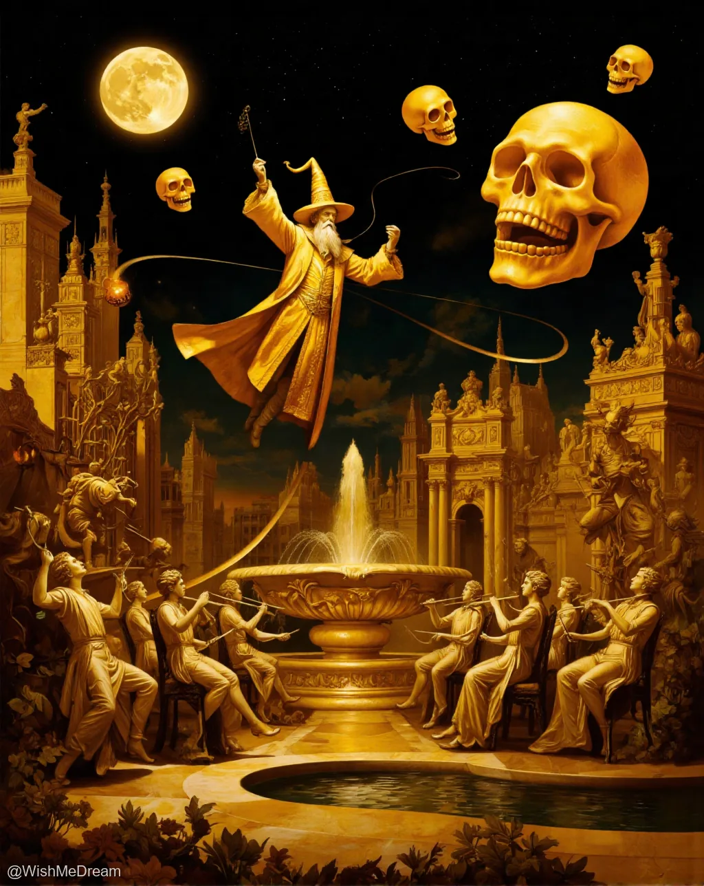 A golden wizard levitates above an ornate fountain, magically whipping floating skulls while a symphony of classical musicians plays below under a luminous full moon.