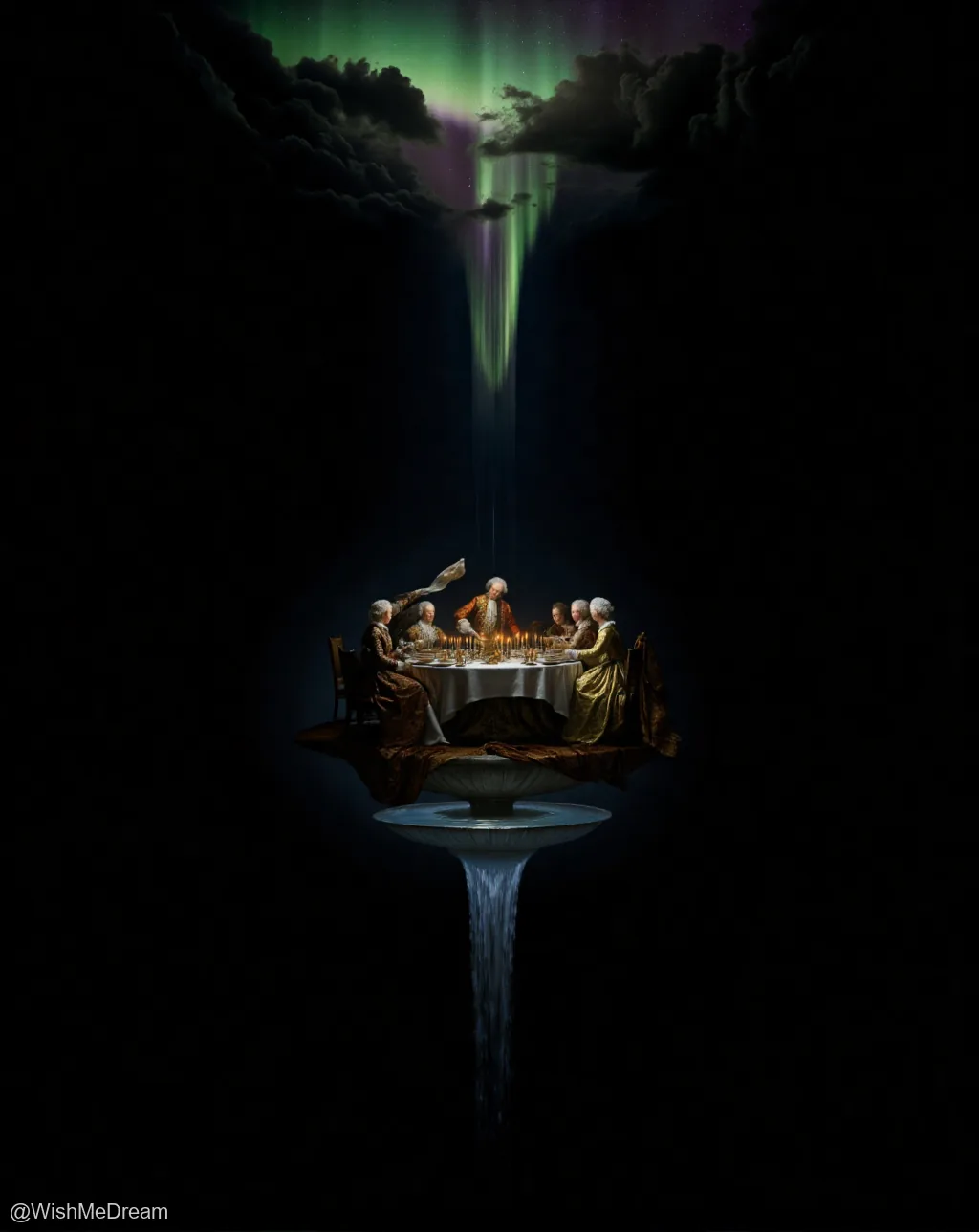 A group of baroque-era figures dines on a floating pedestal suspended by a waterfall, beneath an aurora borealis that cascades down from the heavens like liquid light.