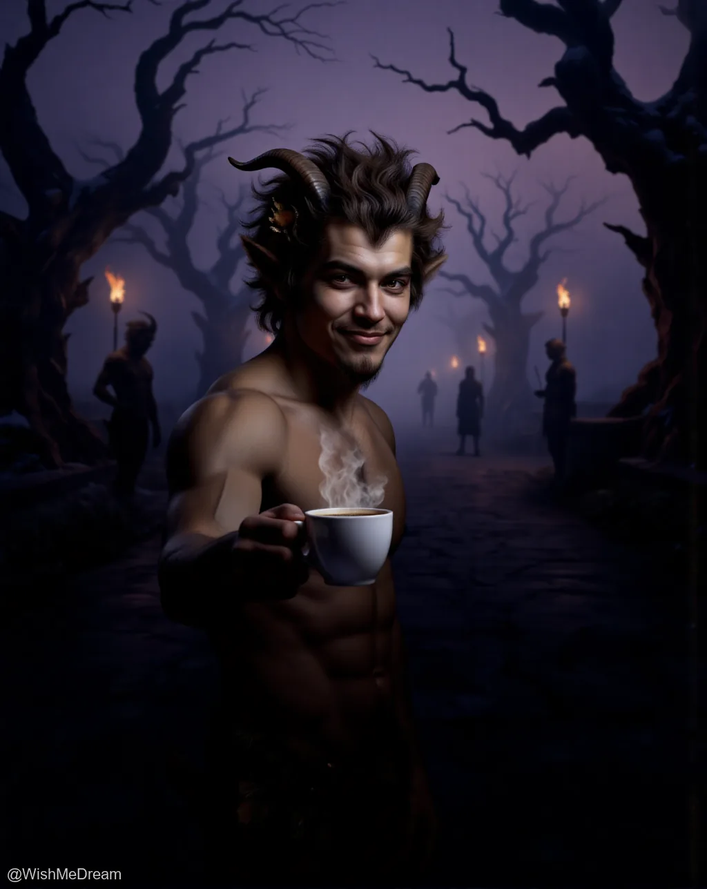 A muscular, horned demon with pointed ears offers a steaming cup of coffee while standing in a dark, eerie forest path illuminated by torches and shadowy figures. The scene blends gothic horror with surreal calmness.