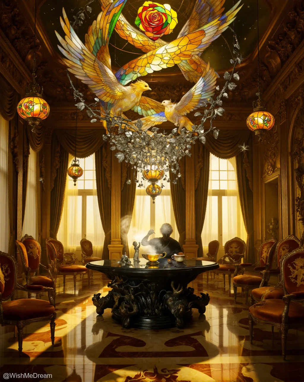 A lone figure sits at an ornate table in a gilded, baroque hall, sipping tea as a colossal stained-glass phoenix and rose hover above them, suspended by a crystal chandelier. Sunlight streams through tall windows, illuminating the opulent furniture and marble floor.