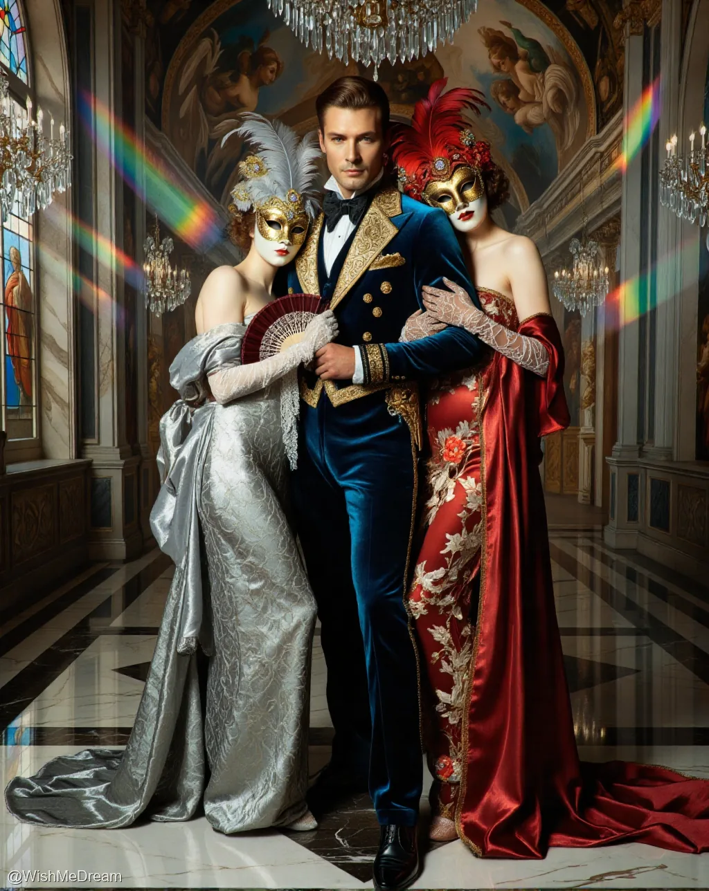A man in an opulent blue velvet suit stands flanked by two masked women in lavish gowns, all posing in a baroque hall where sunlight fractures into rainbow beams across marble floors.