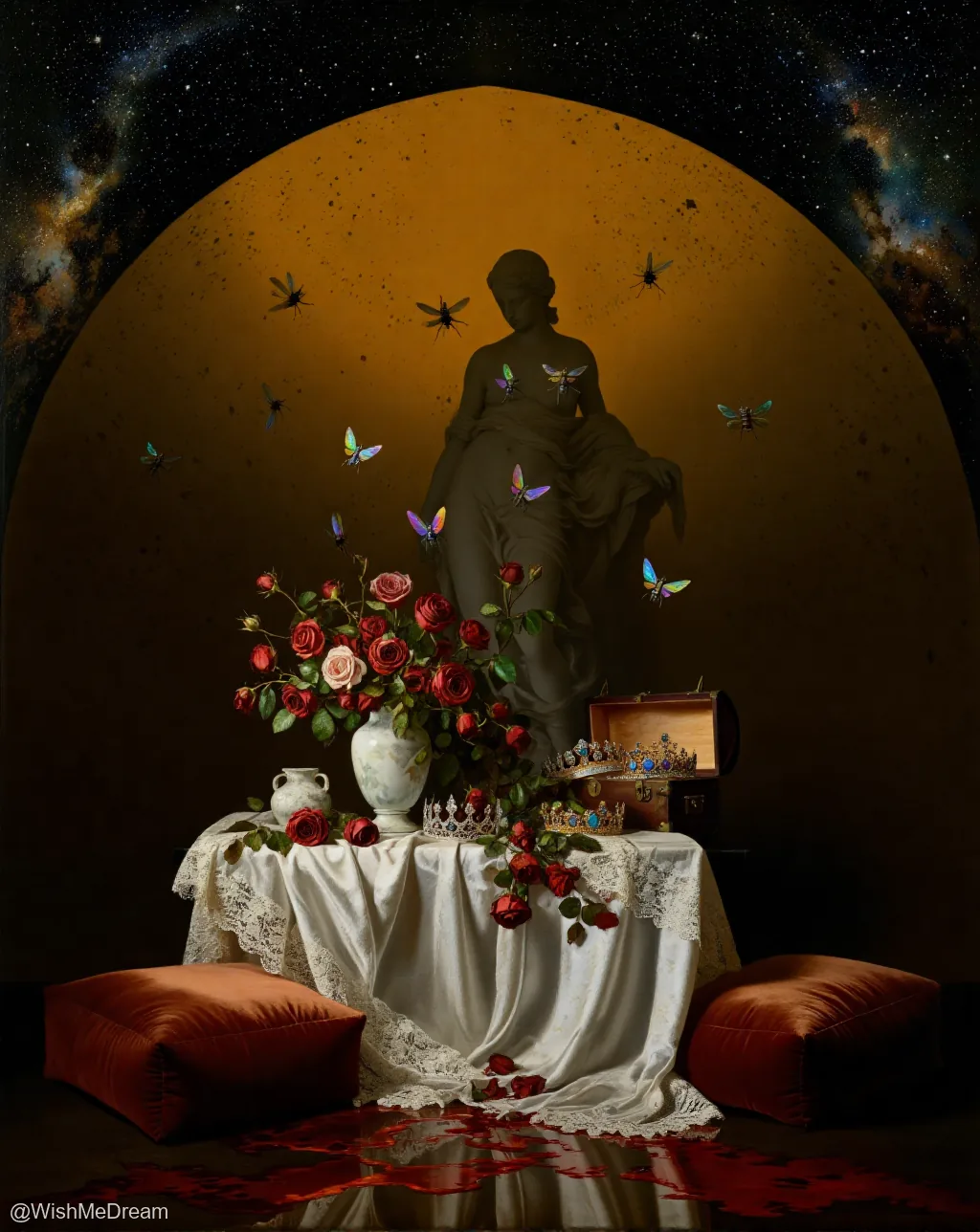 A regal statue draped in shadow stands behind an ornate table set with roses, crowns, and a treasure chest — all under a celestial archway where iridescent insects drift like cosmic confetti against a starry void.