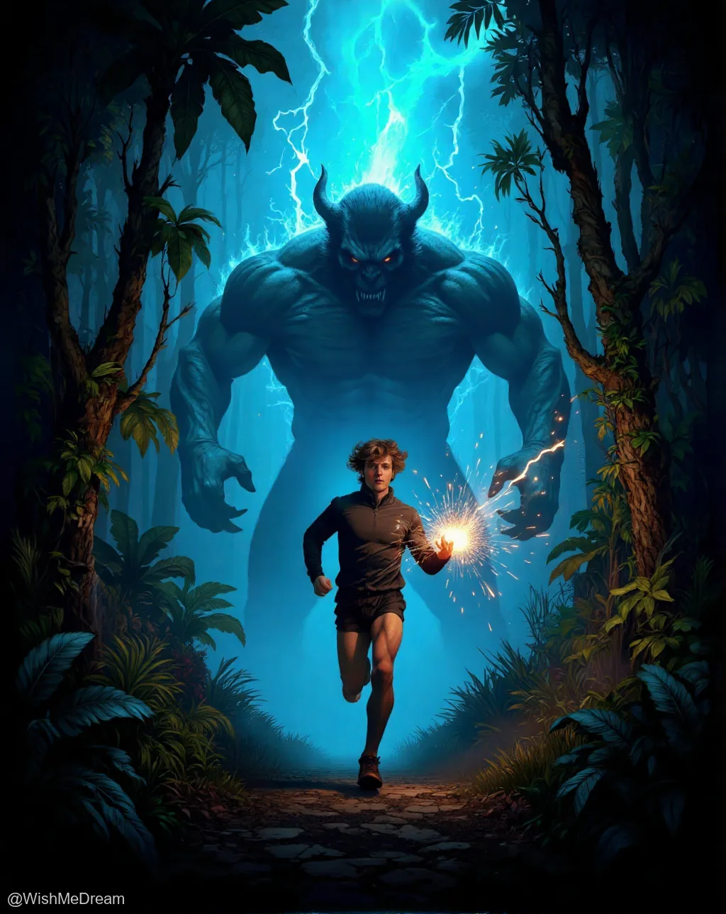 A man in athletic gear sprints down a jungle path while holding a sparking orb, fleeing from a colossal blue-skinned demon with horns and glowing eyes. Lightning crackles around the beast's head as it looms over him.