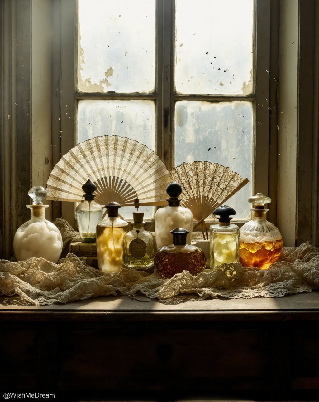 An antique windowsill bathed in soft, dusty light, holding a collection of ornate perfume bottles filled with glowing liquids and two delicate folding fans, all resting on a lace-draped surface.